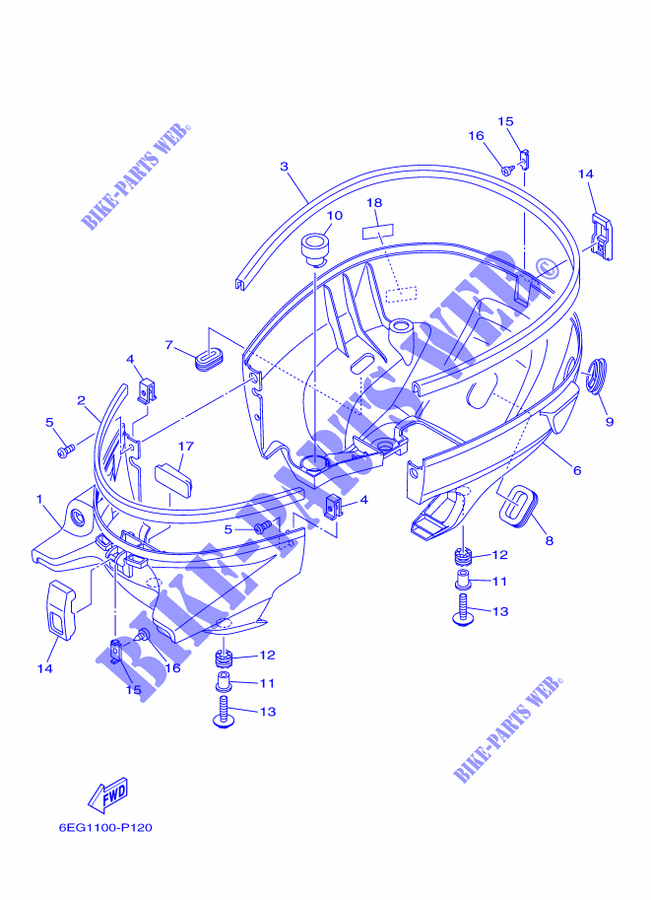 BOTTOM COWLING pour Yamaha F2.5B Manual Starter, Tiller Handle, Manual Tilt, Shaft 20
