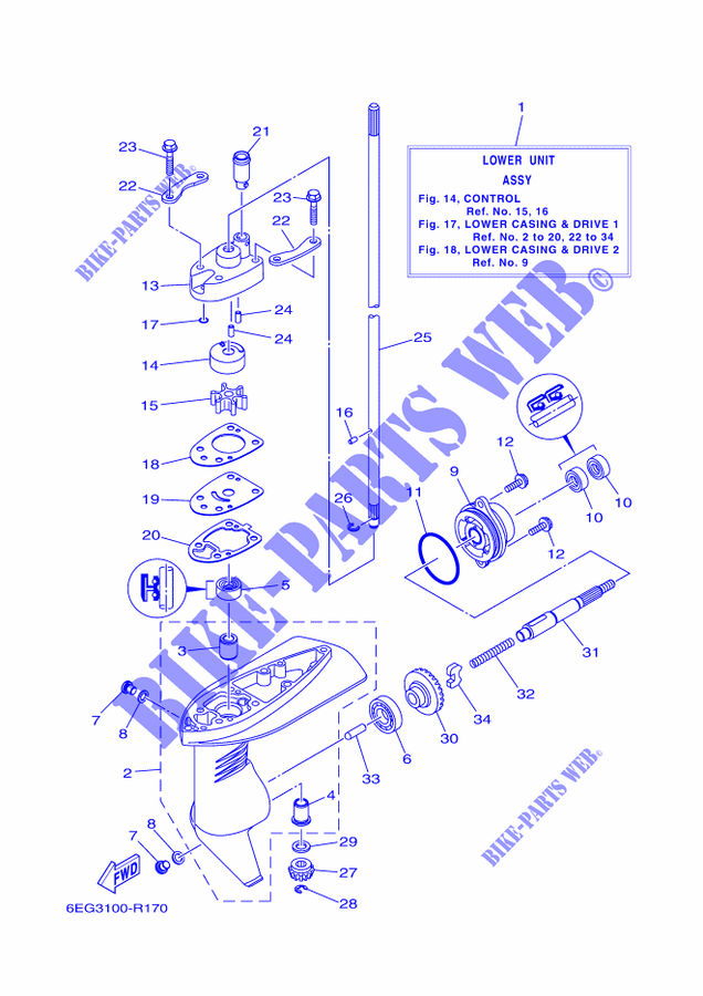 LOWER CASING & DRIVE 1 pour Yamaha F2.5B Manual Starter, Tiller Handle, Manual Tilt, Shaft 20