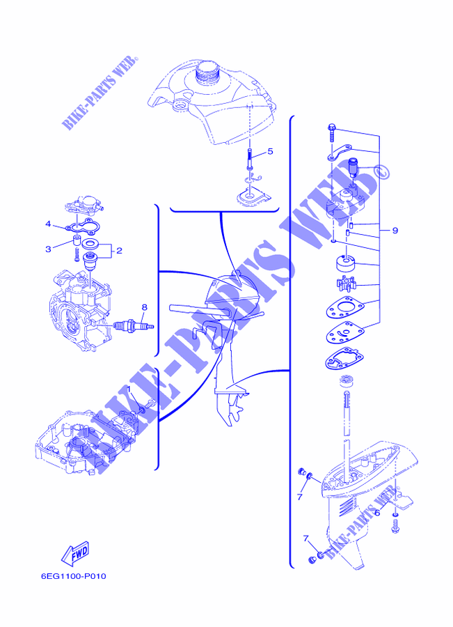 SCHEDULED SERVICE PARTS pour Yamaha F2.5B Manual Starter, Tiller Handle, Manual Tilt, Shaft 15