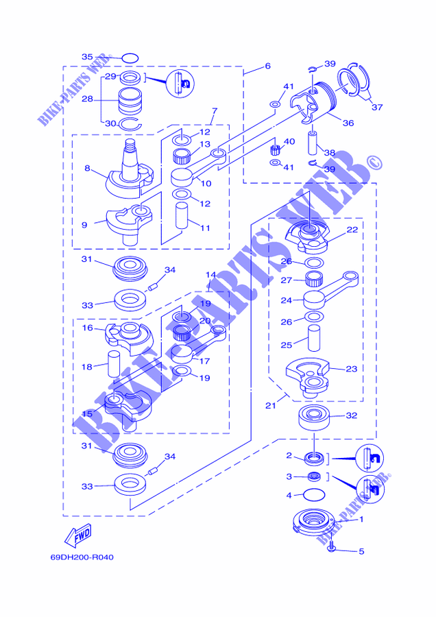VILEBREQUIN / PISTON pour Yamaha E60H Manual Starter, Tiller Handle, Hydro Trim & Tilt, Pre-Mixing, Shaft 20