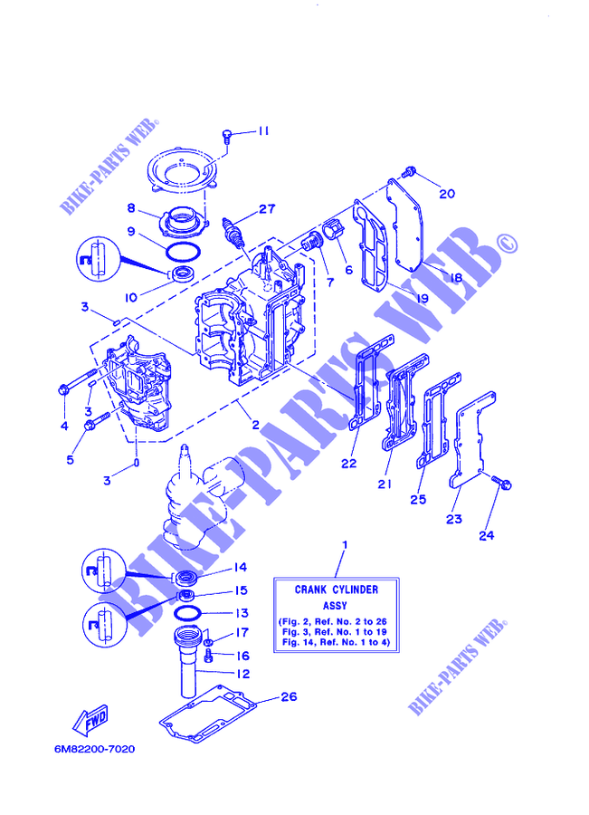 CYLINDRE / CARTER MOTEUR pour Yamaha 6C Manual Starter, Tiller Handle, Manual Tilt, Pre-Mixing, Shaft 15