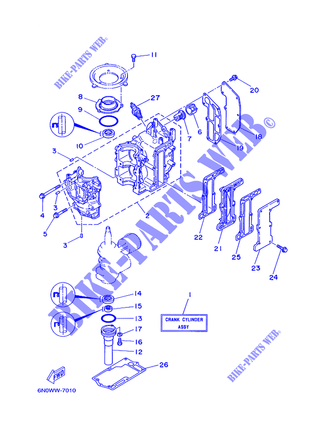 CYLINDRE / CARTER MOTEUR pour Yamaha 6C 2 Stroke, Manual Starter, Tiller Handle, Manual Tilt de 1997