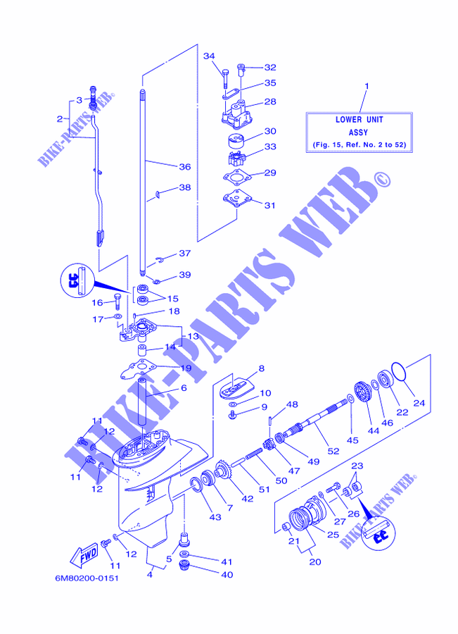 CARTER INFERIEUR ET TRANSMISSION 1 pour Yamaha 6D Manual & Electric Steering, Tiller Handle, Manual Tilt, Shaft 20
