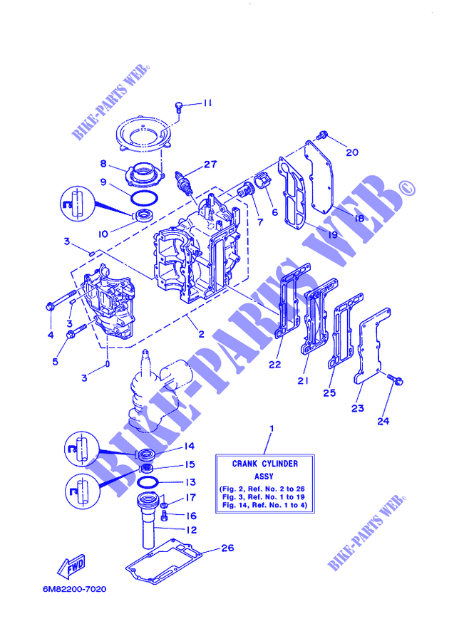 CYLINDRE / CARTER MOTEUR pour Yamaha 6D Manual & Electric Steering, Tiller Handle, Manual Tilt, Shaft 20