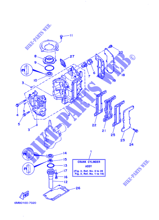 CYLINDRE / CARTER MOTEUR pour Yamaha 6D 2 Stroke, Manual Starter, Tiller Handle, Manual Tilt de 2001