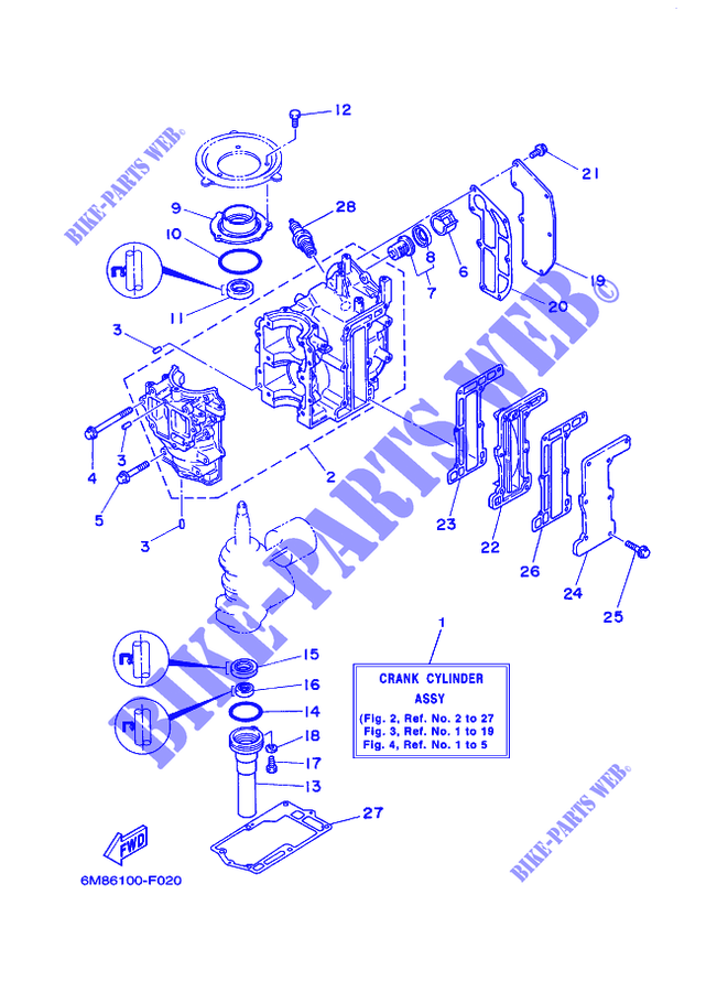 CYLINDRE / CARTER MOTEUR pour Yamaha 8C Manual Starter, Tiller Handle, Manual Tilt, Pre-Mixing, Shaft 20