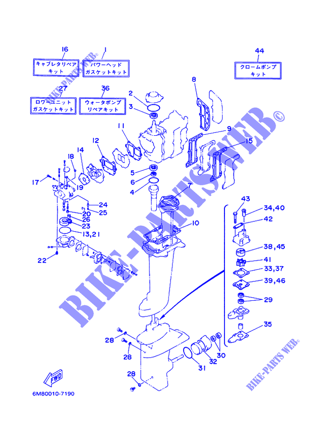 KIT DE REPARATION  pour Yamaha 8S Manual Starter, Tiller Handle, Manual Tilt, Pre-Mixing, Shaft 15