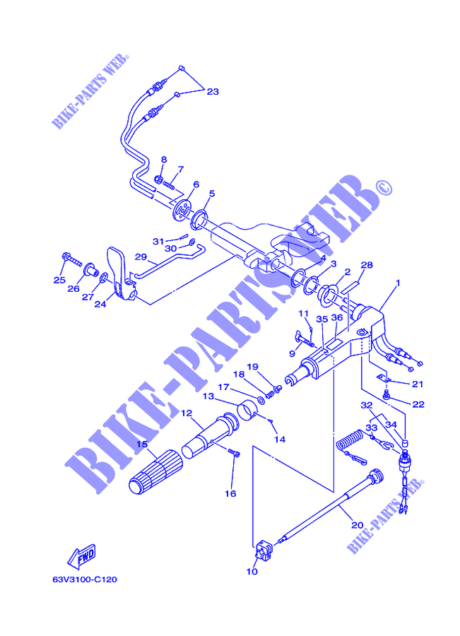 DIRECTION pour Yamaha 15F Manual Starter, Tiller Handle, Manual Tilt, Shaft 20
