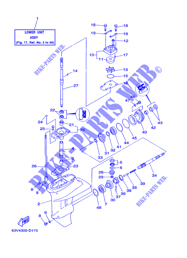 BOITIER D'HELICE ET TRANSMISSION 1 pour Yamaha 15F Manual Starter, Tiller Handle, Manual Tilt, Shaft 15