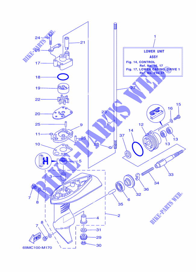 BOITIER D'HELICE ET TRANSMISSION 1 pour Yamaha F2.5A Manual Starter, Tiller Handle, Manual Tilt, Shaft 15