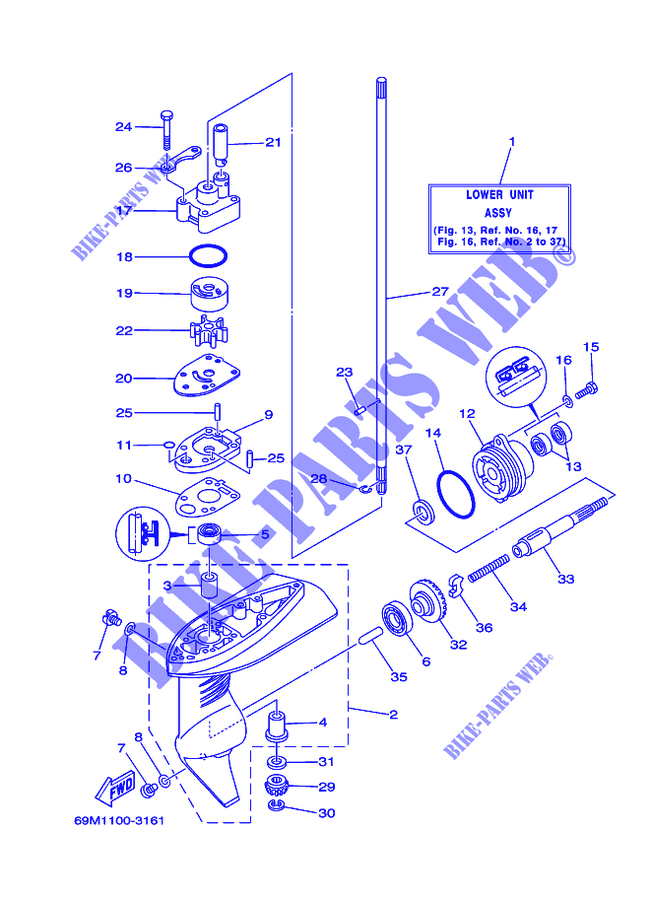 BOITIER D'HELICE ET TRANSMISSION 1 pour Yamaha F2.5A Manual Starter, Tiller Handle, Manual Tilt, Shaft 20