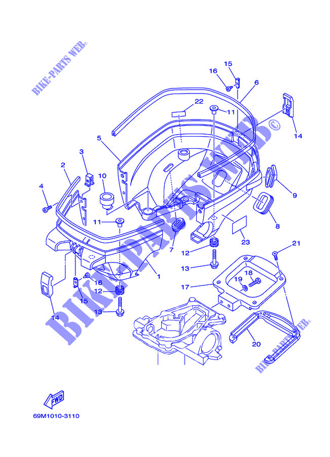CAPOT INFERIEUR pour Yamaha F2.5M Manual Starter, Tiller Handle, Manual Tilt, Shaft 15