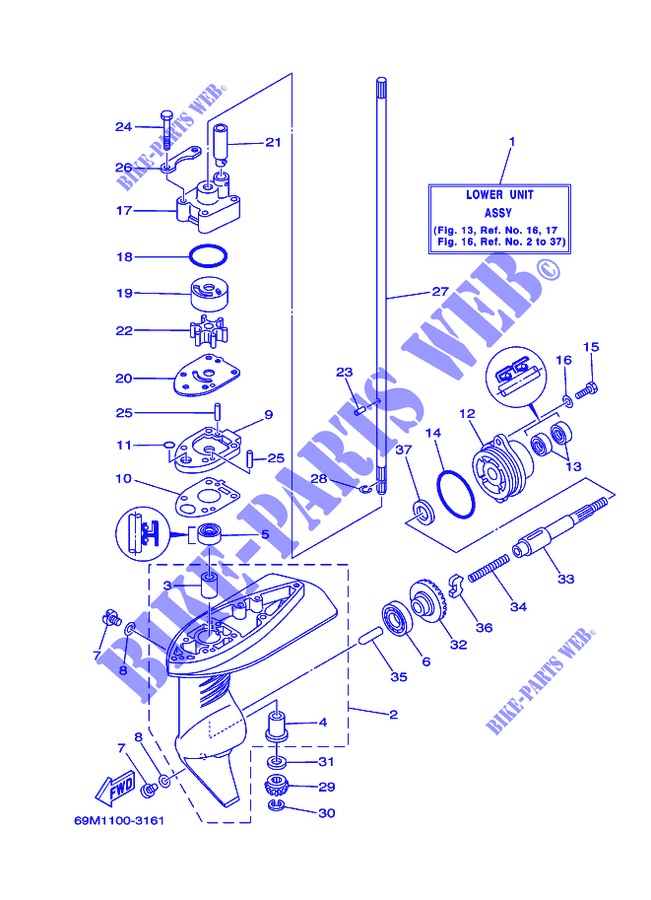 BOITIER D'HELICE ET TRANSMISSION 1 pour Yamaha F2.5M Manual Starter, Tiller Handle, Manual Tilt, Shaft 20