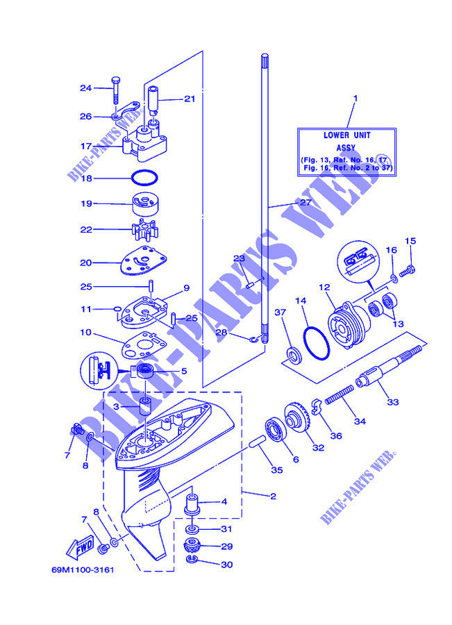 BOITIER D'HELICE ET TRANSMISSION 1 pour Yamaha F2.5M Manual Start, Manual Tilt, Tiller Control, Shaft 15