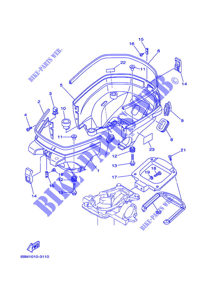 CAPOT INFERIEUR pour Yamaha F2.5A Manual Starter, Tiller Handle, Manual Tilt, Shaft 15