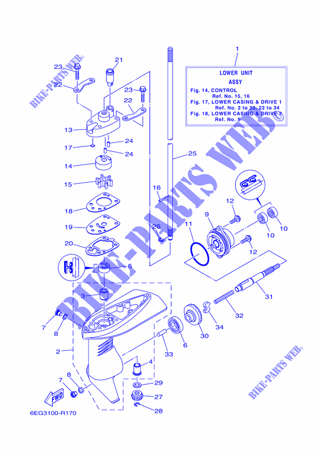 BOITIER D'HELICE ET TRANSMISSION 1 pour Yamaha F2.5B Manual Starter, Tiller Handle, Manual Tilt, Shaft 15