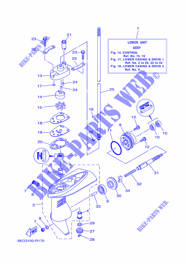 BOITIER D'HELICE ET TRANSMISSION 1 pour Yamaha F2.5B Manual Starter, Tiller Handle, Manual Tilt, Shaft 20