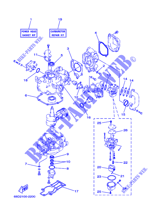 KIT DE REPARATION 1 pour Yamaha F4A Manual Starter, Tiller Handle, Manual Tilt, Shaft 15