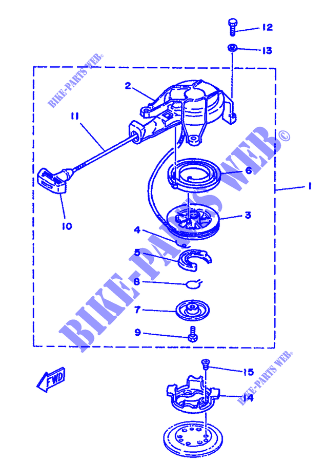 DEMARREUR pour Yamaha 2B Manual Starter, Tiller Handle, Manual Tilt de 1990
