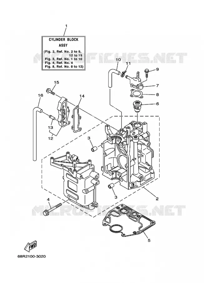 CYLINDRE / CARTER MOTEUR 1 Yamaha OUTBOARD ENGINES 8hp (5.9kW) 2003 FT8  FT8DMHL