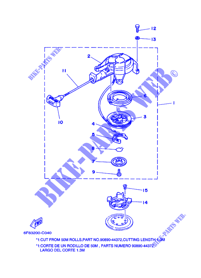 DEMARREUR pour Yamaha 2C Manual Starter, Tiller Handle, Manual Tilt, Pre-Mixing, Shaft 15