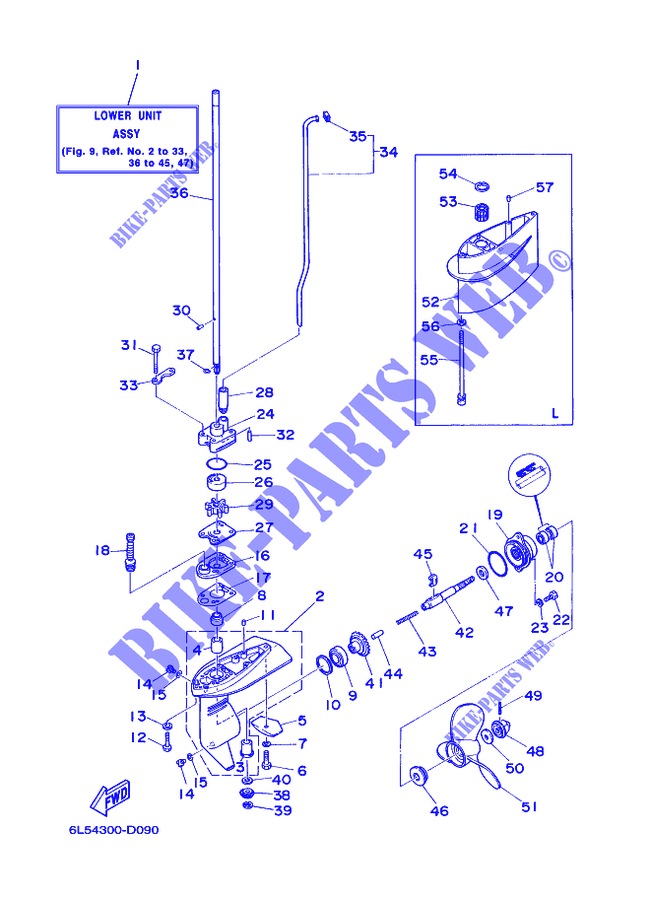 CARTER INFERIEUR ET TRANSMISSION pour Yamaha 3A Manual Starter, Tiller Handle, Manual Tilt, Shaft 20