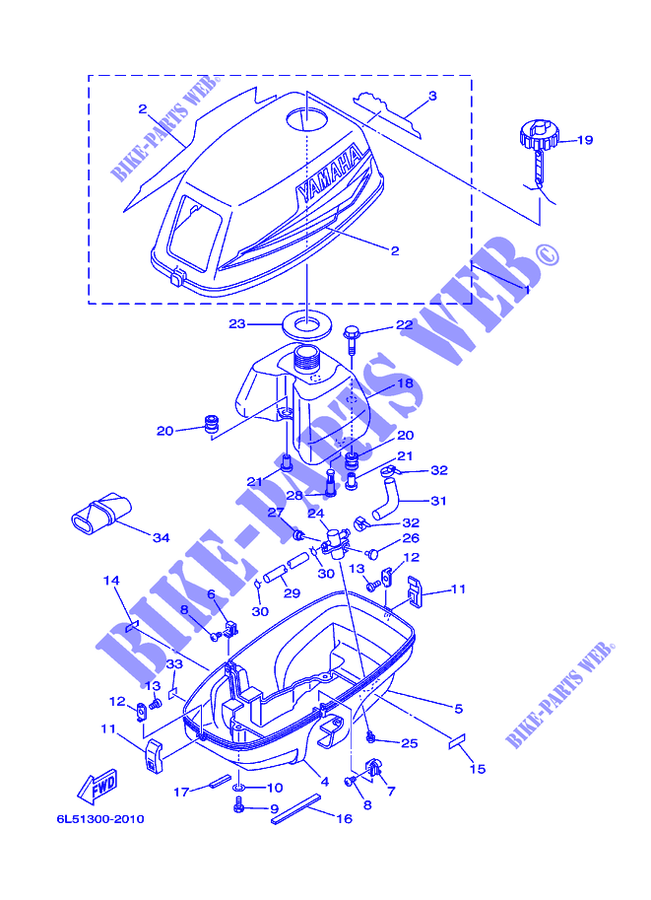 RESERVOIR A CARBURANT ET CAPOT pour Yamaha 3A Manual Starter, Tiller Handle, Manual Tilt de 2002