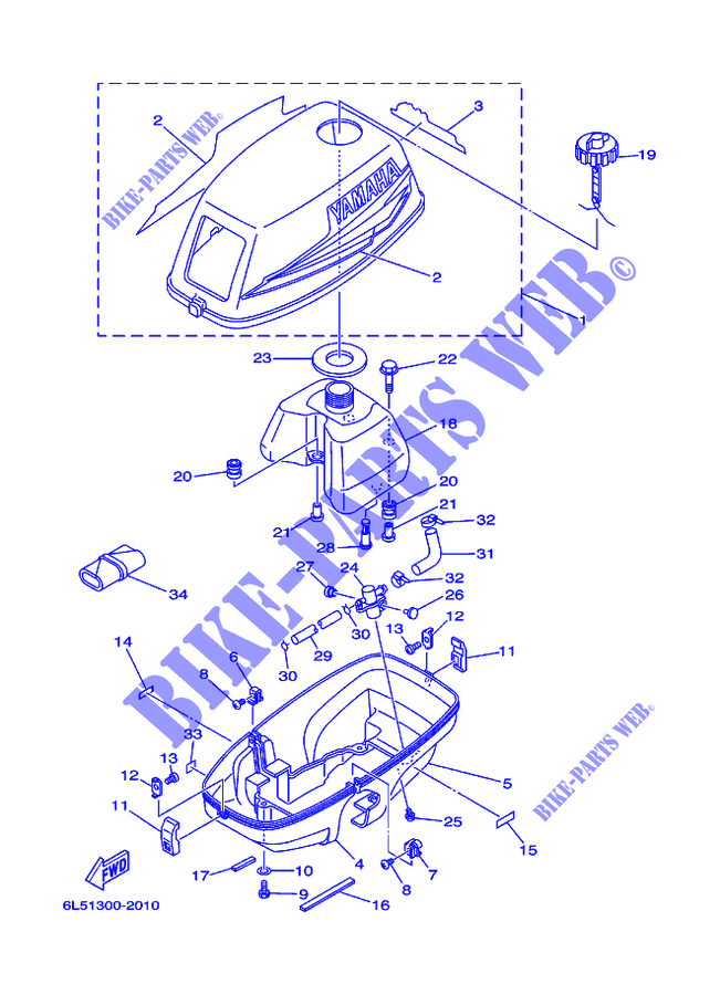RESERVOIR A CARBURANT ET CAPOT pour Yamaha 3A Manual Starter, Tiller Handle, Manual Tilt de 2002